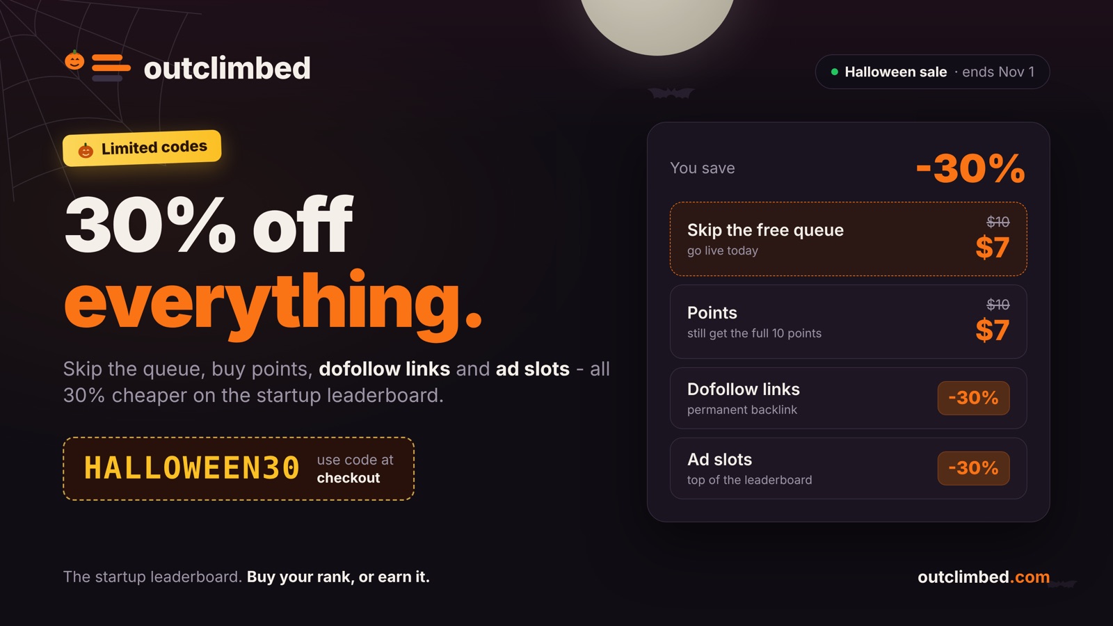 Outclimbed Halloween sale: 30% off with code HALLOWEEN30, ends November 1